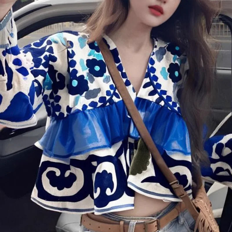 Women's Floral Embroidered Cardigan — Loose Fit Long Sleeve Top