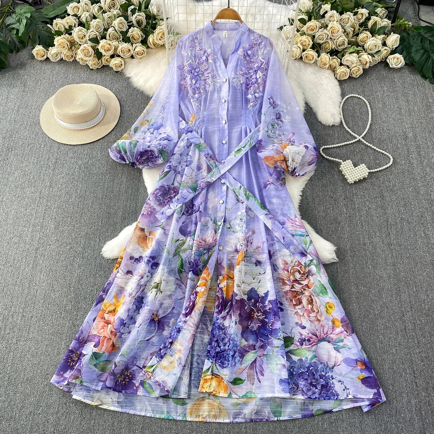 Elegant French Style round Neck Long Sleeve Dress Women's Spring Autumn Heavy Work Floral Embroidery A-Line Skirt Dress
