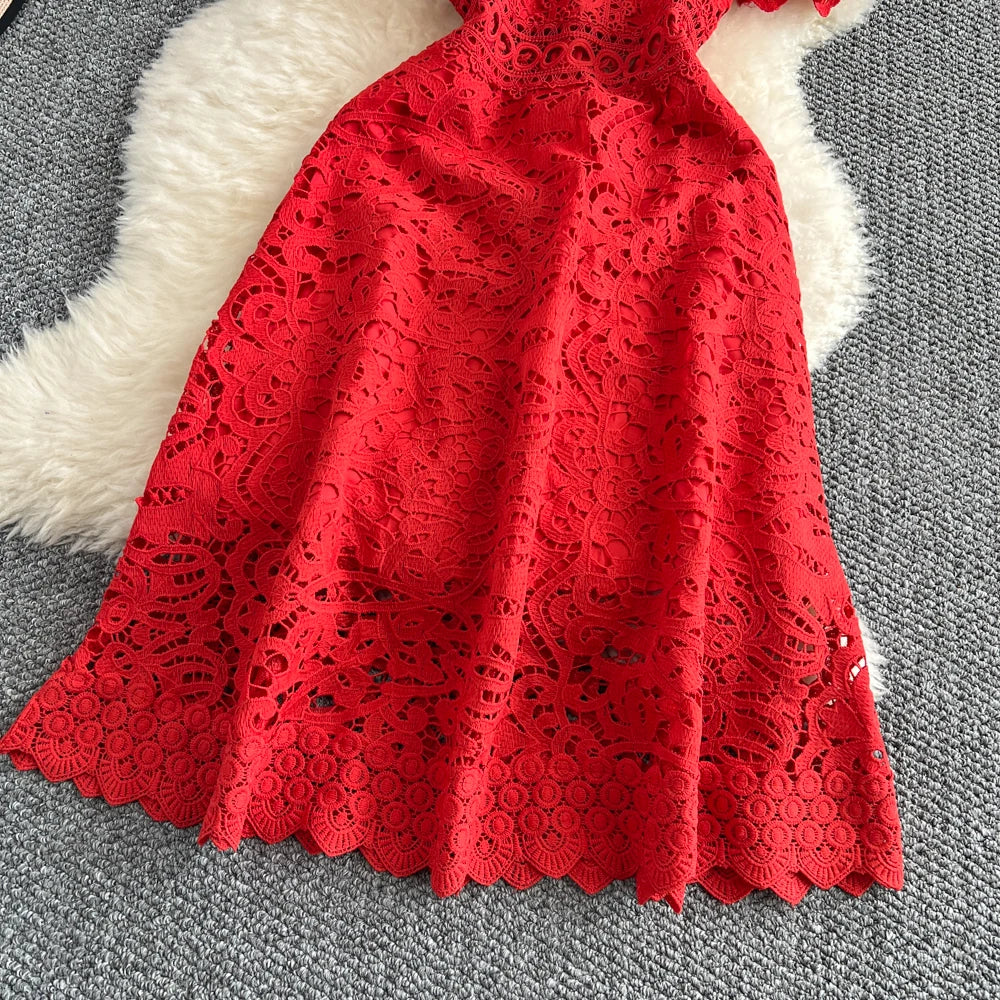 Women's French Style Hollow-Out Lace Dress — Waist-Cinched Short Sleeve A-Line