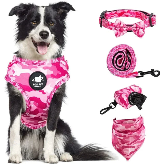 Personalized Dog Harness Suit Set — Vest, Collar, Leash, Scarf & More