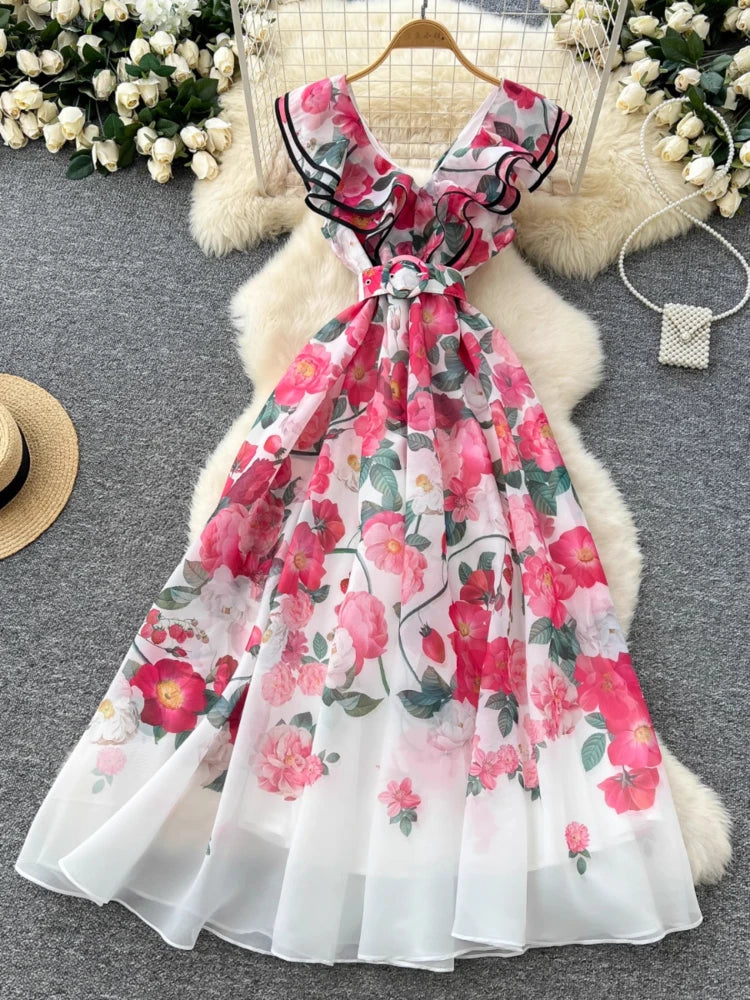Women's French Elegant Sleeveless V-Neck Printed Dress — Ruffled A-Line Beach Boho