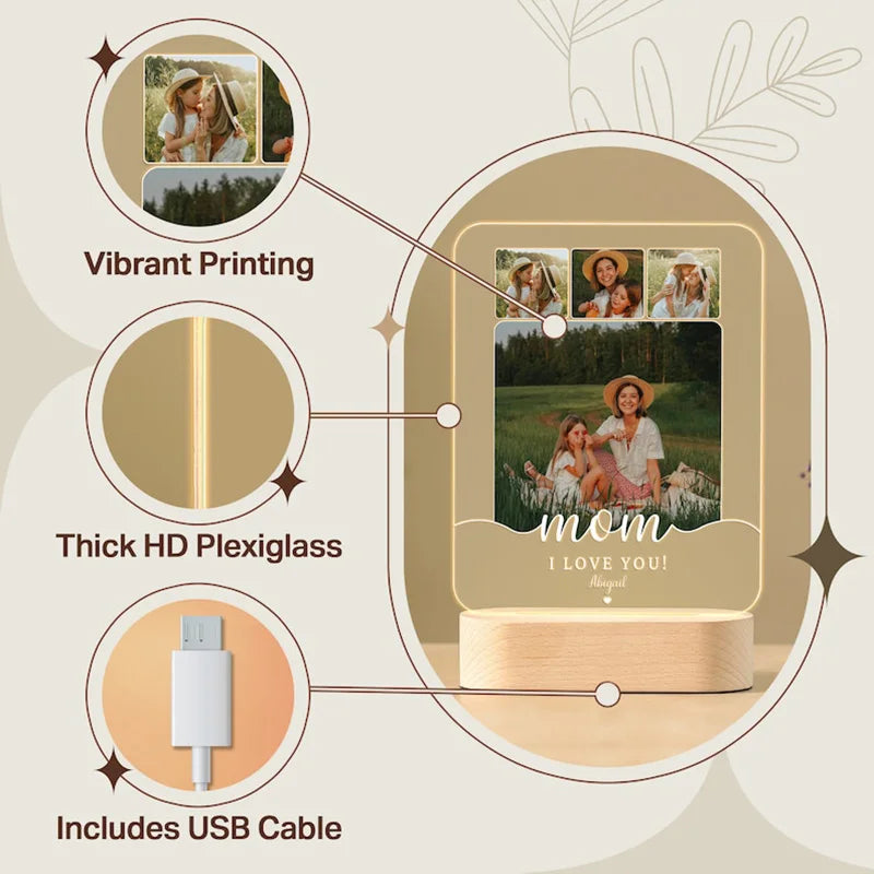 Personalized Acrylic Photo Night Light Plaque | Custom Mother's Day Gift