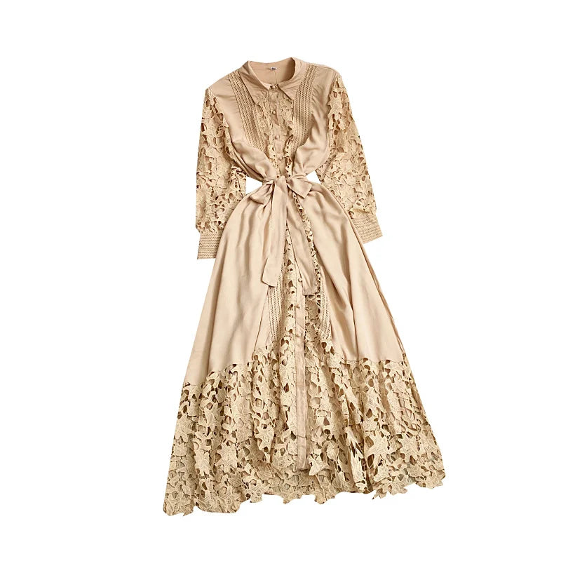 Women's Vintage Lace Bell Sleeve Dress — Waist-Cinching Belt A-Line Gown