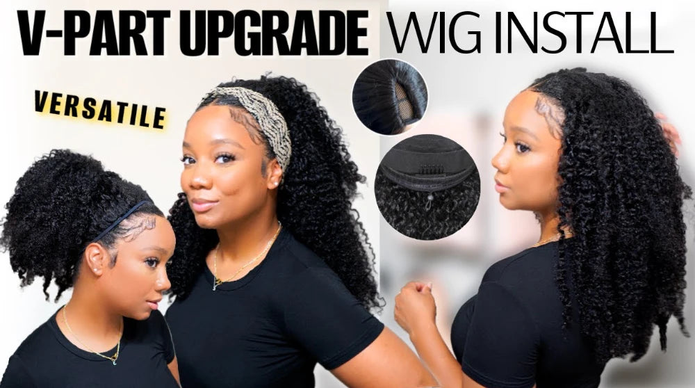 Kinky Curly V Part Wig 100% Human Hair — Clip-In with Drawstring | 180% Density