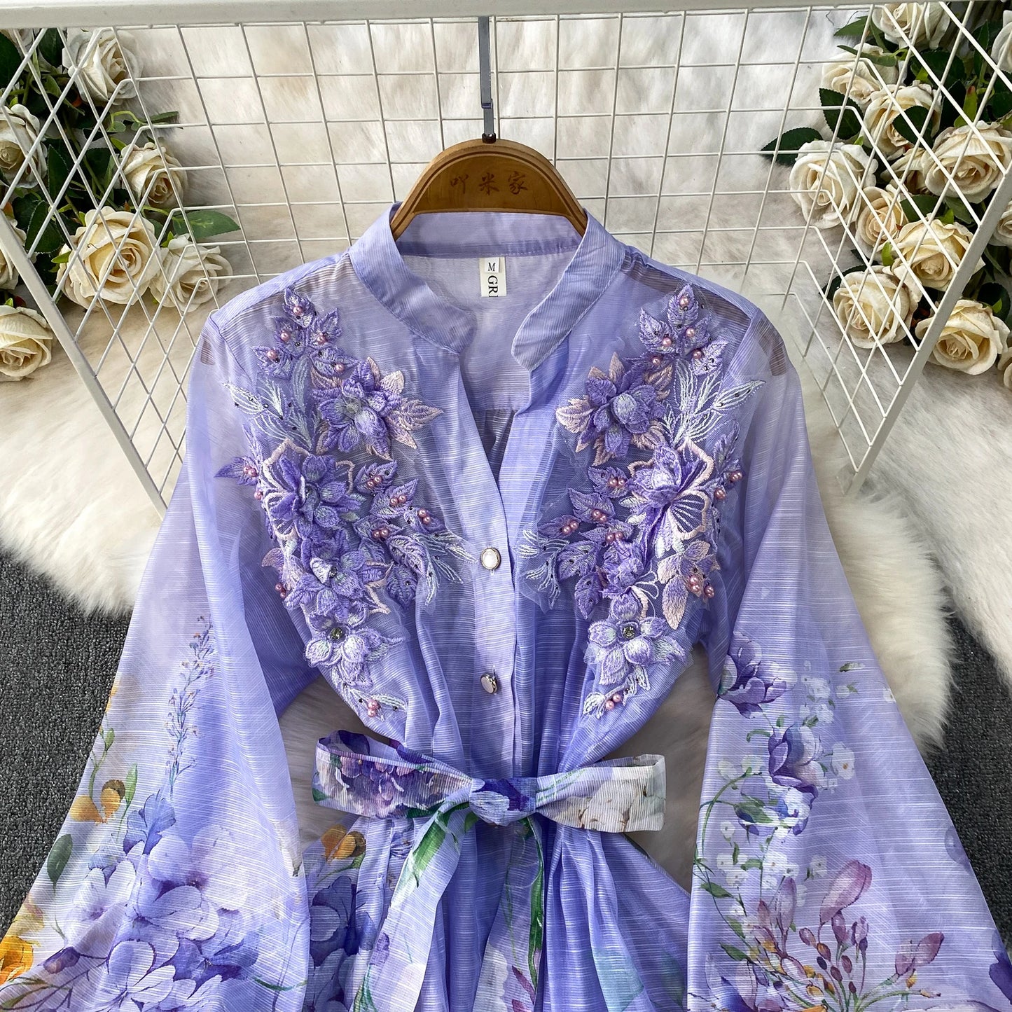 Elegant French Style round Neck Long Sleeve Dress Women's Spring Autumn Heavy Work Floral Embroidery A-Line Skirt Dress