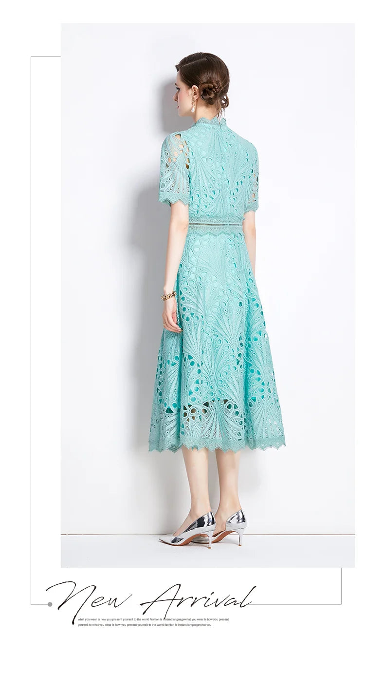 Women's Vintage High-End Lace Hollow-Out Long Dress — Slim Elegant Summer Gown