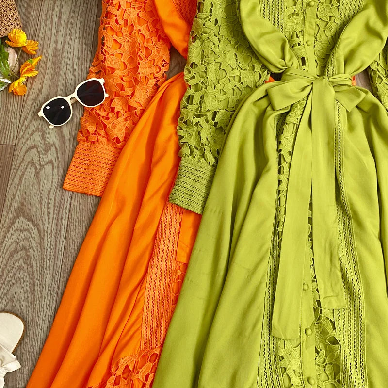 Women's Vintage Lace Bell Sleeve Dress — Waist-Cinching Belt A-Line Gown