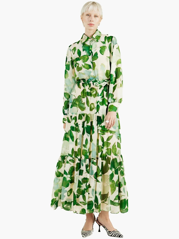 CHCH Women's Dress 2025 Spring New Long Sleeve Collar Green Flower Vacation