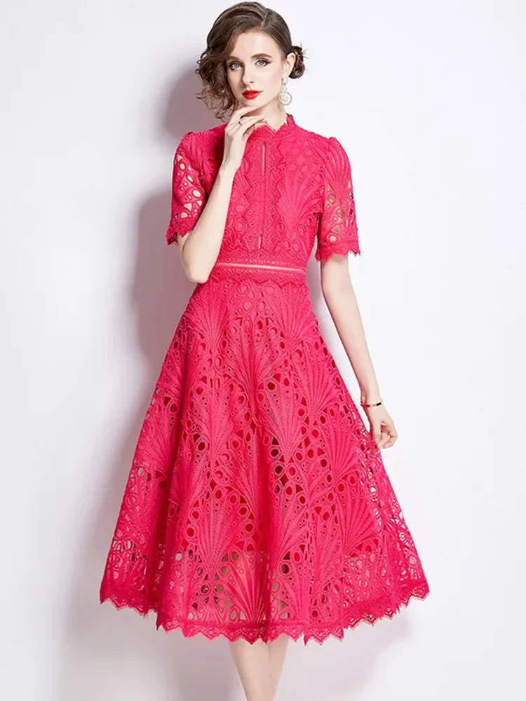 Women's Vintage High-End Lace Hollow-Out Long Dress — Slim Elegant Summer Gown