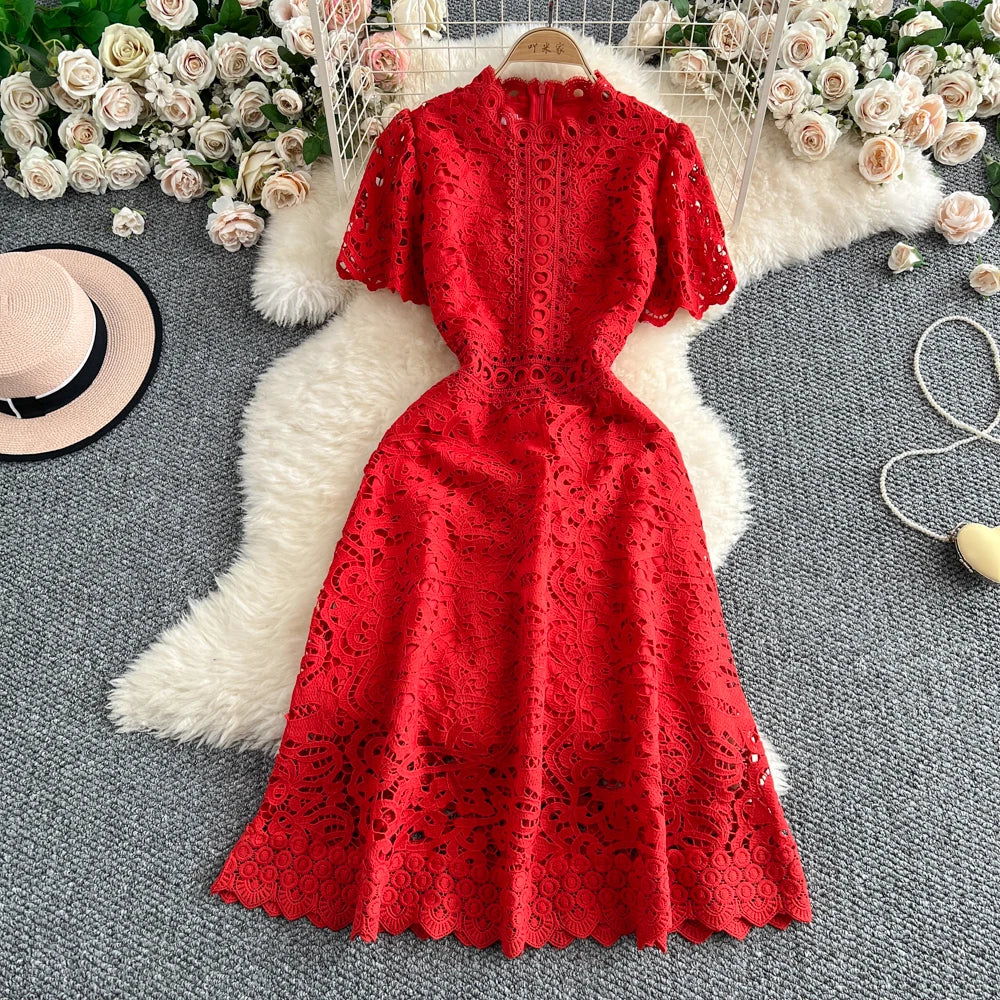 Women's French Style Hollow-Out Lace Dress — Waist-Cinched Short Sleeve A-Line