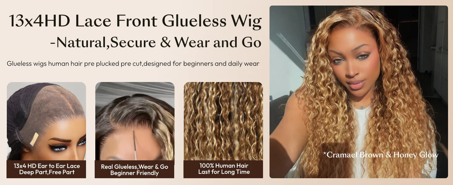 UNice No-Slip 13x4 Lace Frontal Honey Blonde Highlights Water Wave Human Hair Wig With Drawstring Pull & Go Gluele