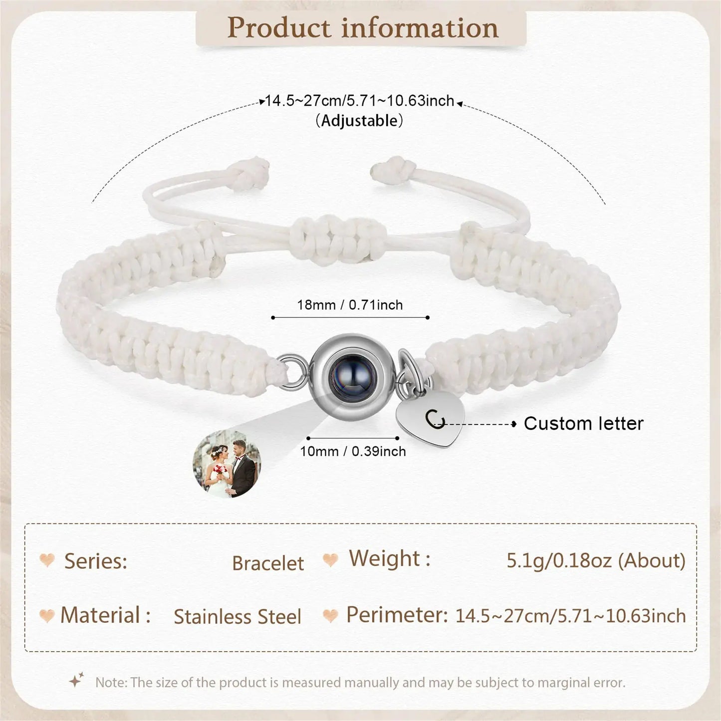 Personalized Photo Projection Bracelet with Custom Letter & Heart Pendant