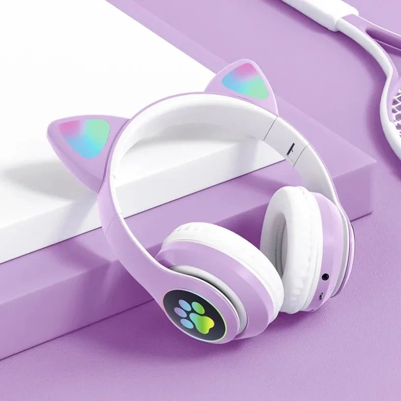 Cat Ears Bluetooth Headphones for Kids – Wireless LED Flash, Mic & TF Card Support
