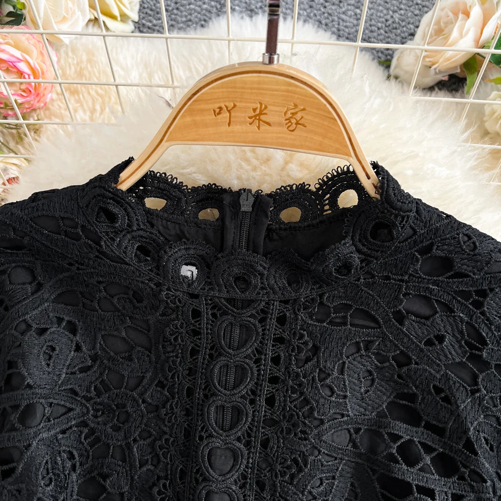Women's French Style Hollow-Out Lace Dress — Waist-Cinched Short Sleeve A-Line