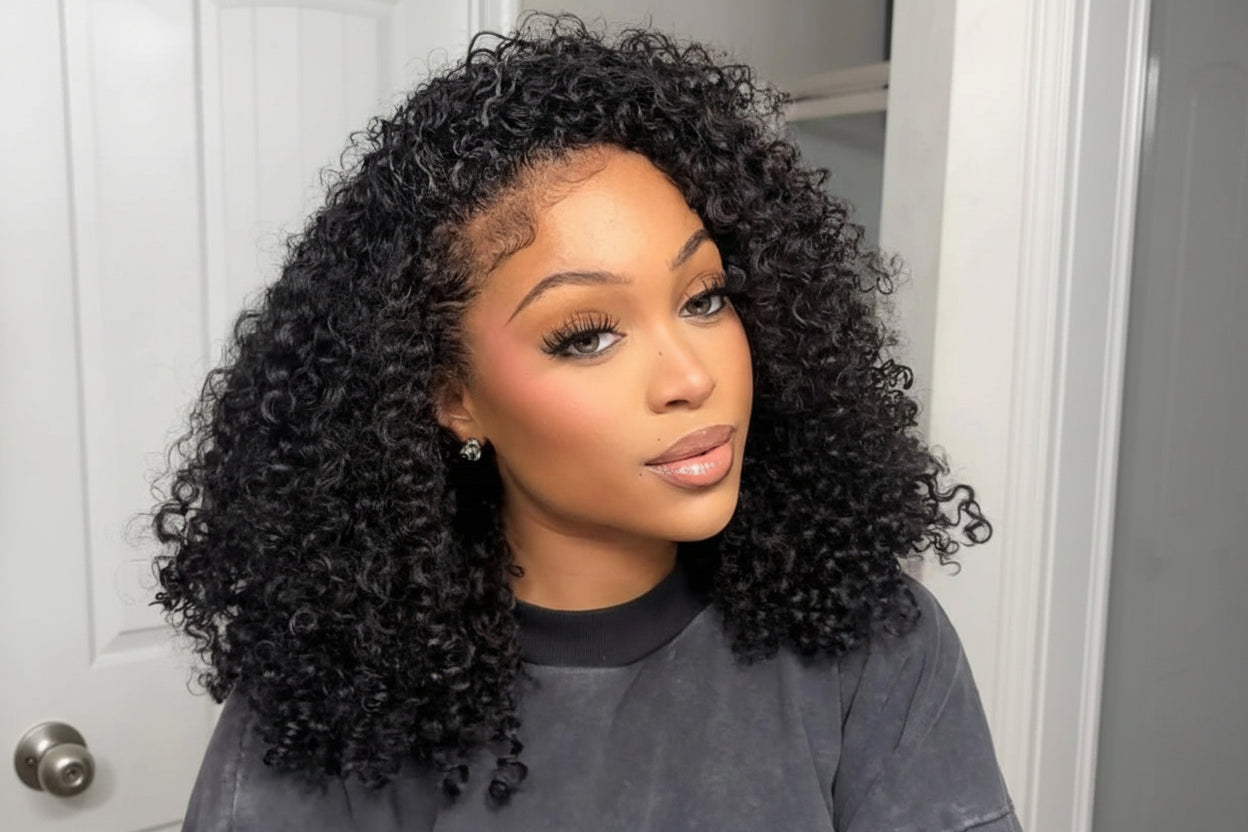 Drawstring Kinky Curly Half Wig With 4C Edges Hairline Seamless Flip Over Human Hair Wig Beginner Friendly