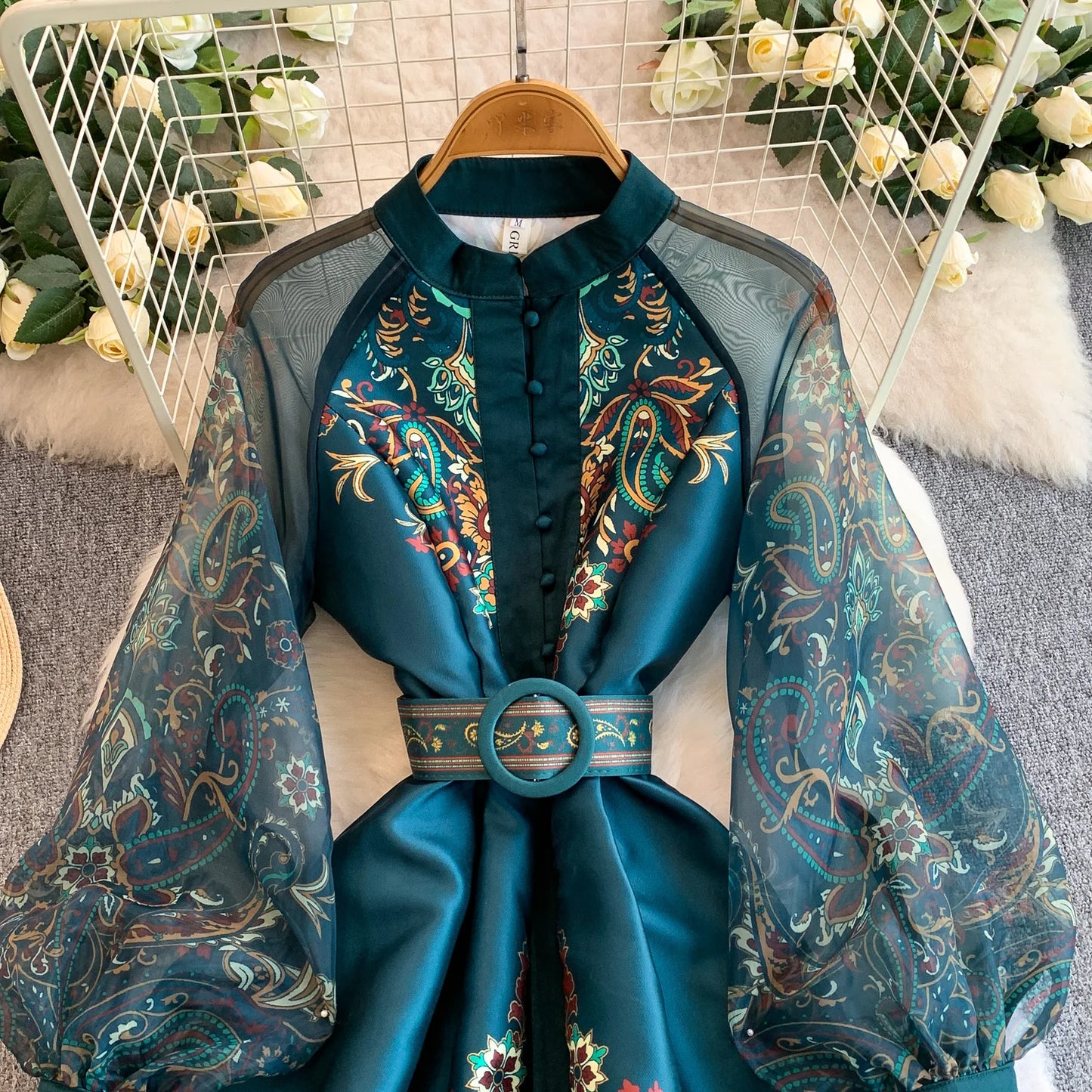 Elegant European Court Style Vintage Mesh Splice Print Lantern Sleeve Long Dress Women's Waist Cinching Slimming Maxi Gown