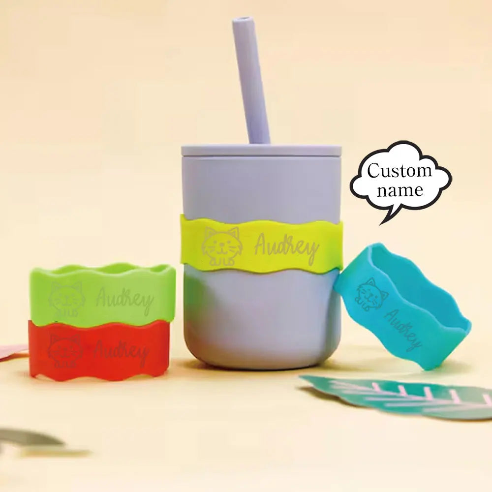 Custom Name Silicone Cup Sleeve with Cute Cat Design, Personalized Kids Water Bottle Band for School & Daycare