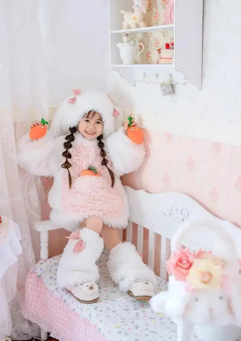 Cartoon Children Plush Rabbit Cosplay Costume Kawaii Kids Winter Warm Sets Top Pants Hat Suit Girl Halloween Party Outfits Gift