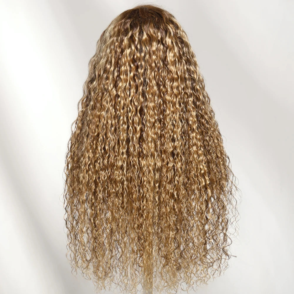 UNice No-Slip 13x4 Lace Frontal Honey Blonde Highlights Water Wave Human Hair Wig With Drawstring Pull & Go Gluele