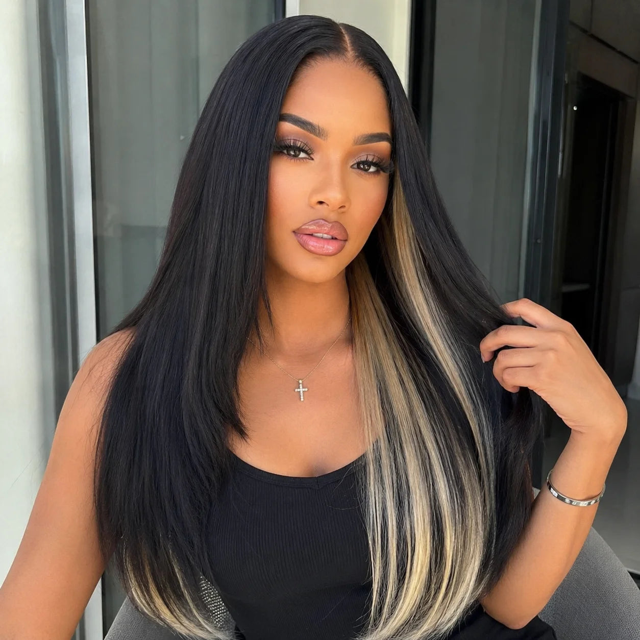 Black With Blonde Underlayer Layered Cut Straight Human Hair Wig | 7x5 Glueless Lace Wig 150% Density