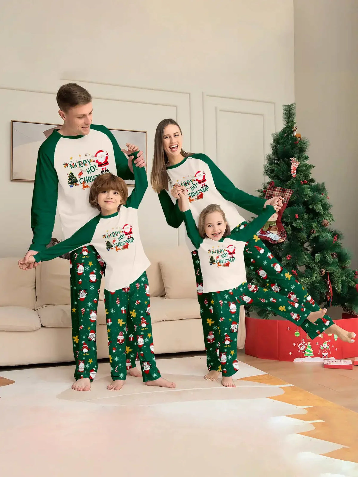 Christmas Family Matching Pajamas, Green Pattern Set for Mom, Dad & Kids