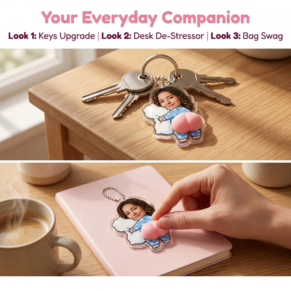 Custom Photo Hugging Pillow Keychain — Squishy Acrylic Charm | Funny Personalized Gift