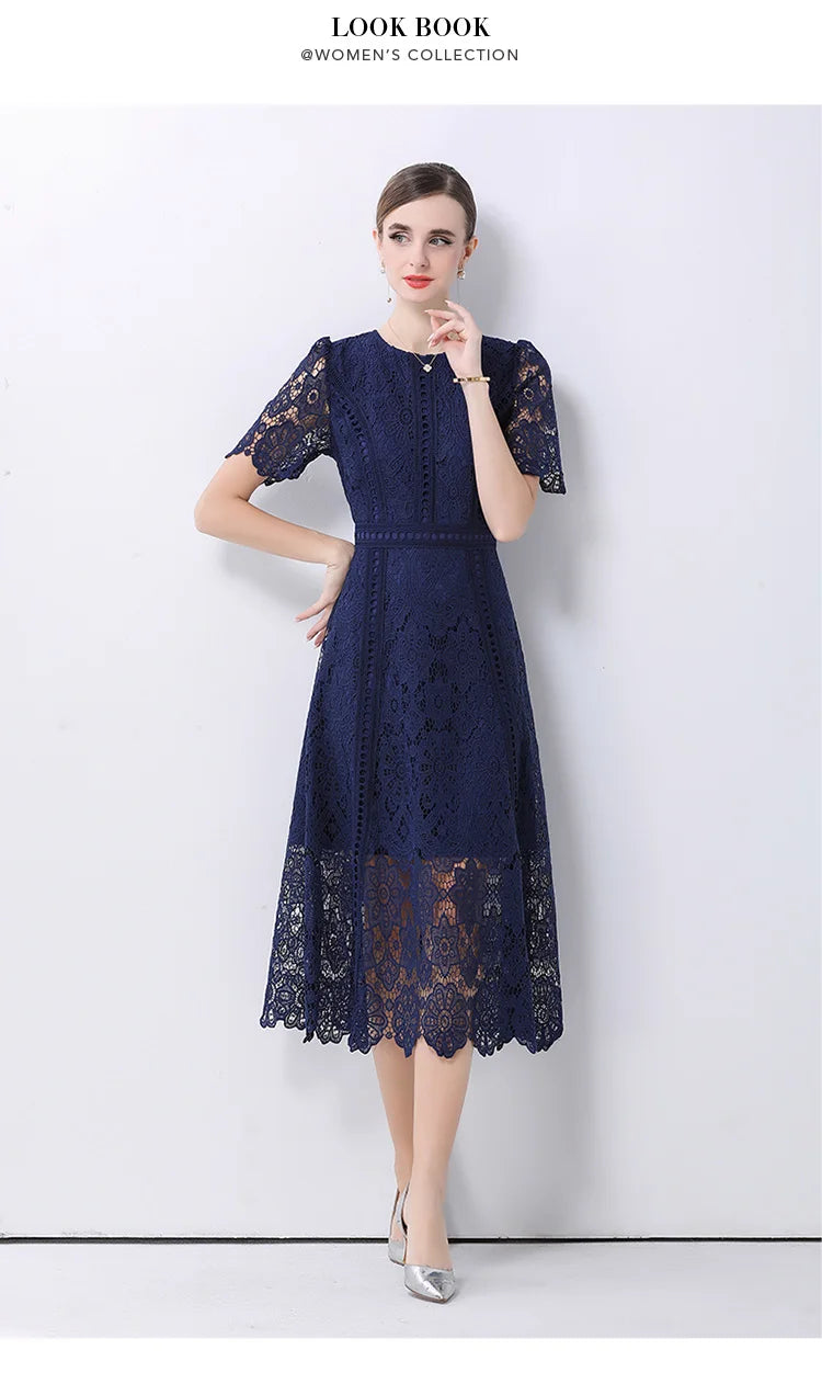 Women's Vintage High-End Lace Hollow-Out Long Dress — Slim Elegant Summer Gown