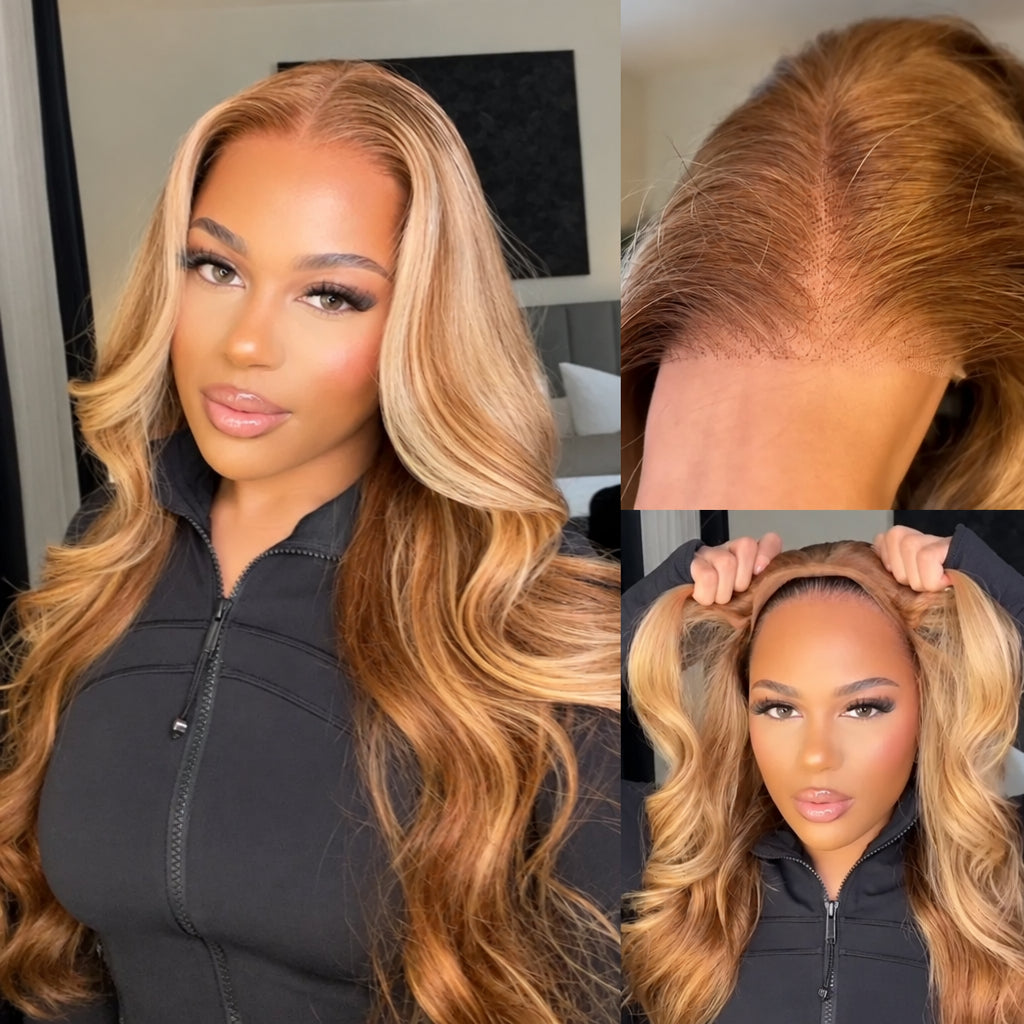 Blonde Highlights Body Wave Lace Wig with Drawstring