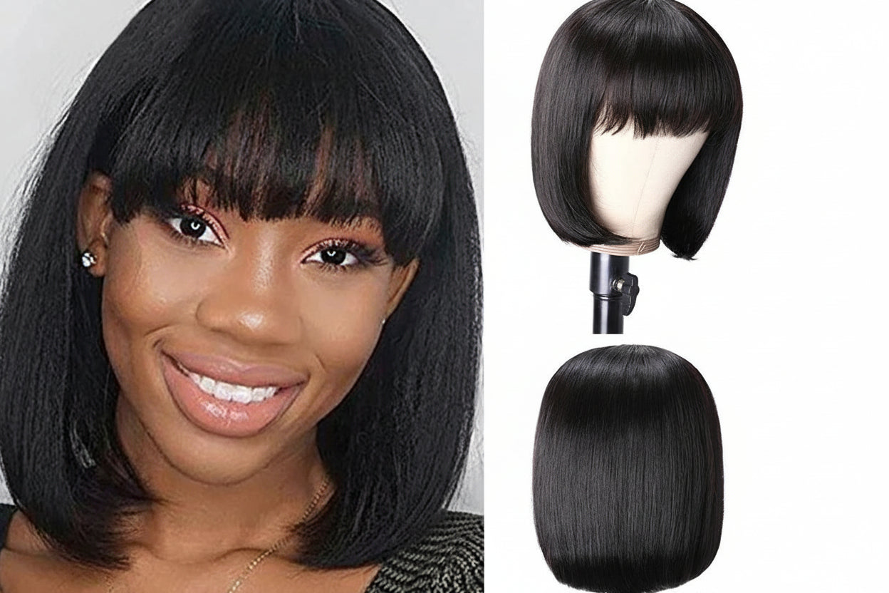 Straight Bob Wig With Bangs 100% Human Hair Wigs For Women Blunt Cut Brazilian Hair Wigs Full Machine Short Human Hair Wigs