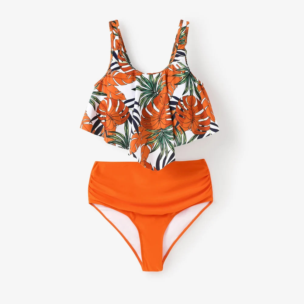 Family Matching Tropical Plant Print Two-Piece Swimsuit & Swim Trunks