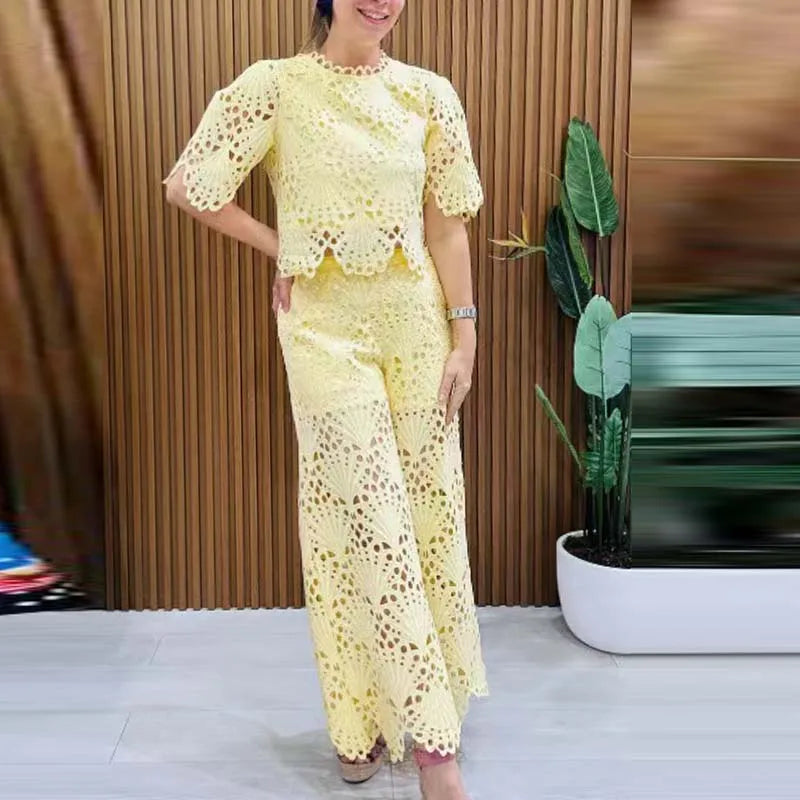 Women's Elegant Lace Embroidery Hollow-Out Two-Piece Set — Short Sleeve Top & Wide-Leg Pants