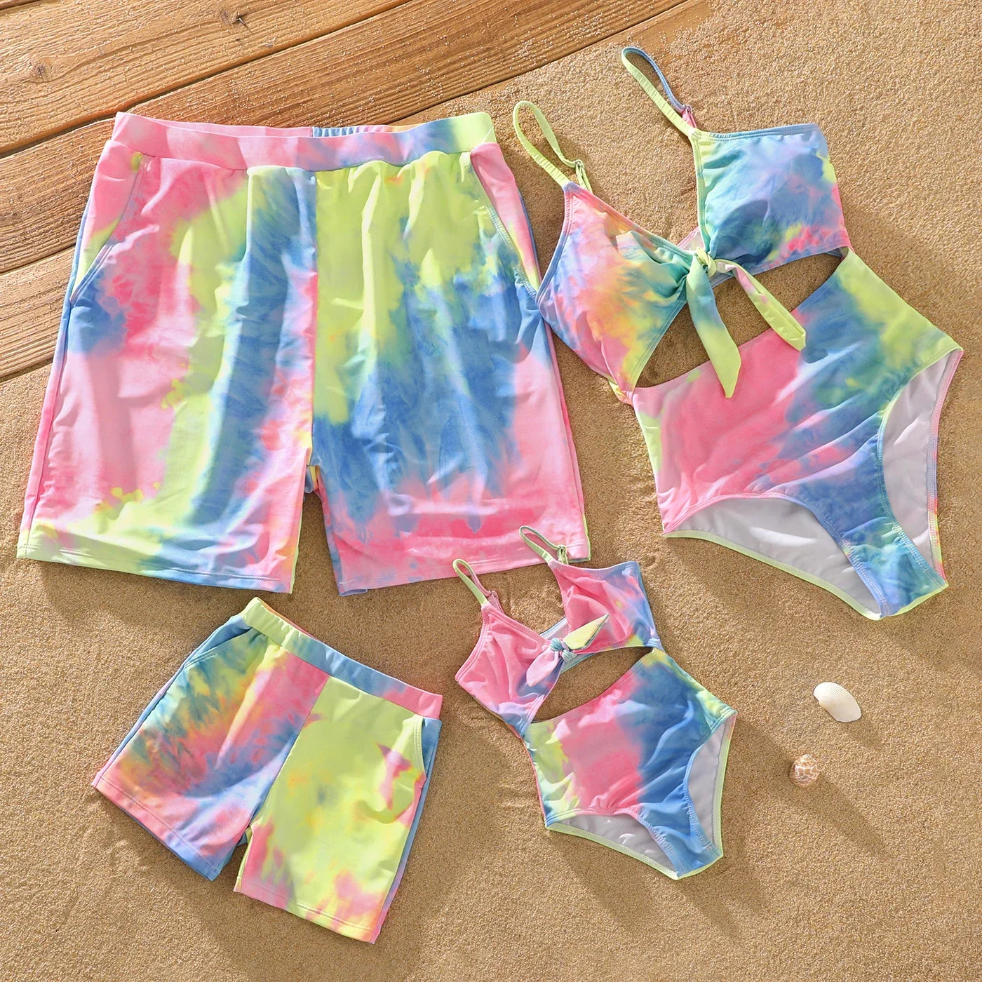 Family Matching Tie-Dye Swimsuit Set — V-Neck One-Piece & Swim Trunks