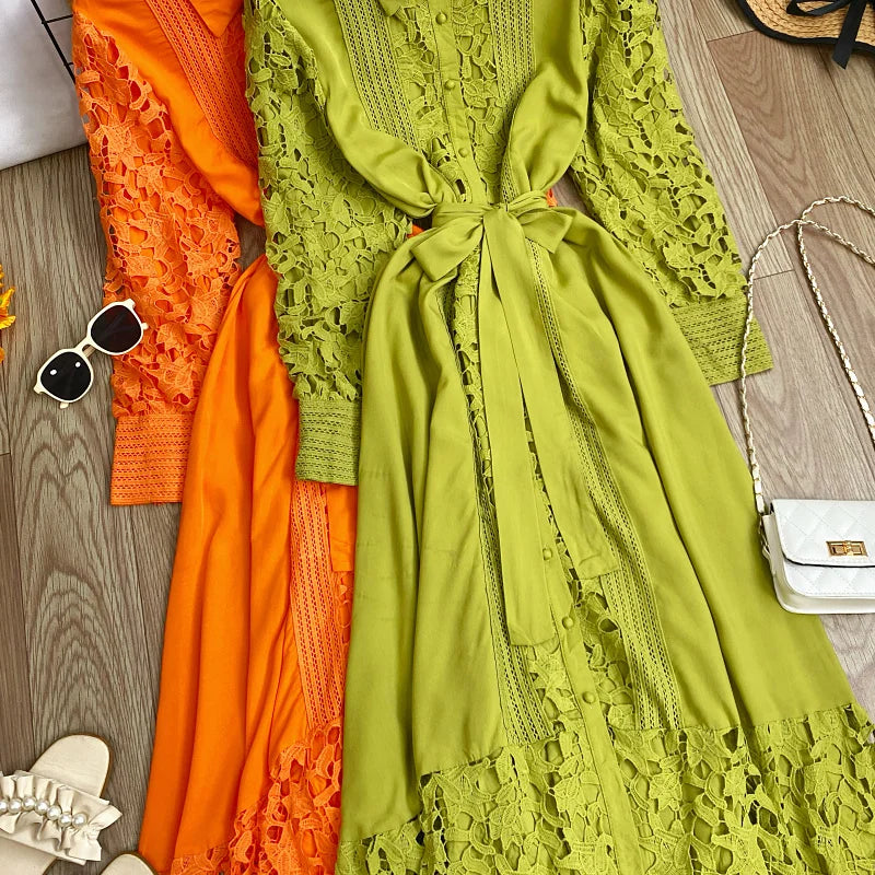 Women's Vintage Lace Bell Sleeve Dress — Waist-Cinching Belt A-Line Gown