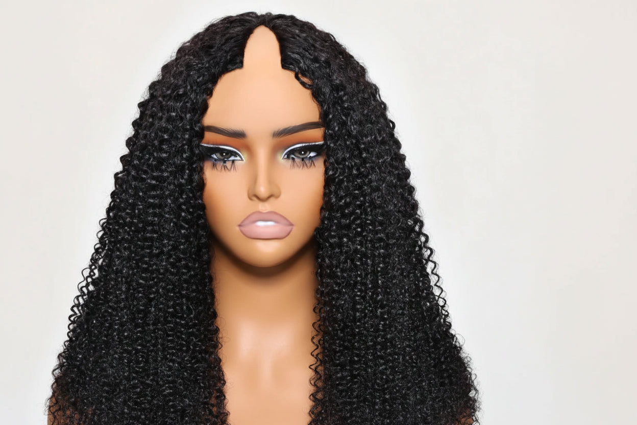 Kinky Curly V Part Wig 100% Human Hair — Clip-In with Drawstring | 180% Density