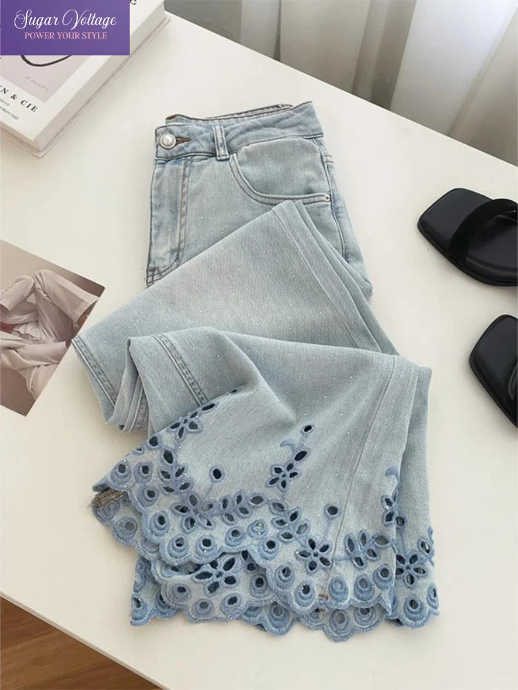Women's High-Waist Rhinestone Embroidered Straight Jeans — Y2K Luxury Streetwear