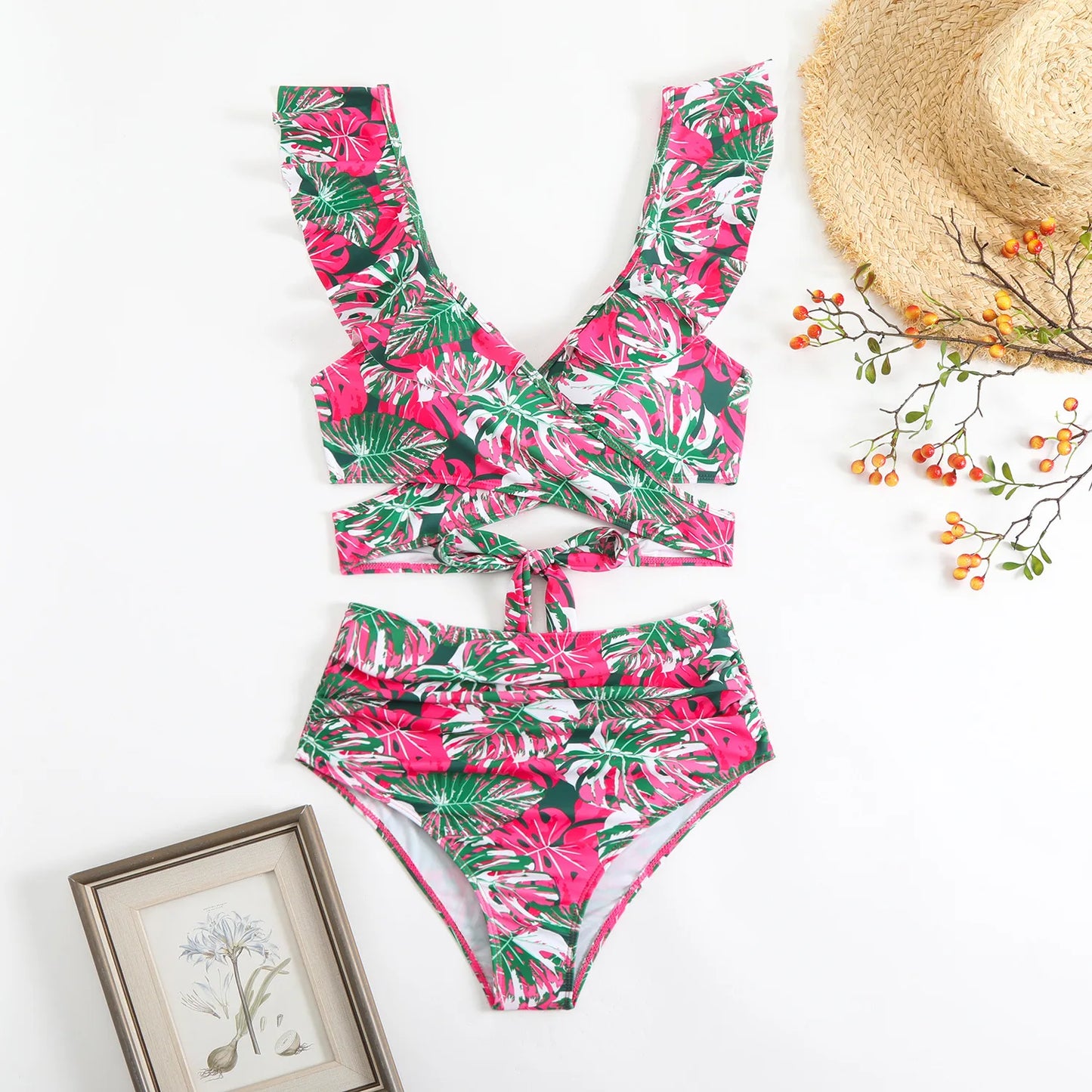 Women's Floral Print Two-Piece Bikini Set — High Waist Sexy Ruffled Swimsuit