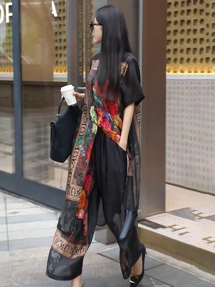 Retro Large Size Floral Print Open Cardigan & Wide Leg Pants Two-Piece Set for Women