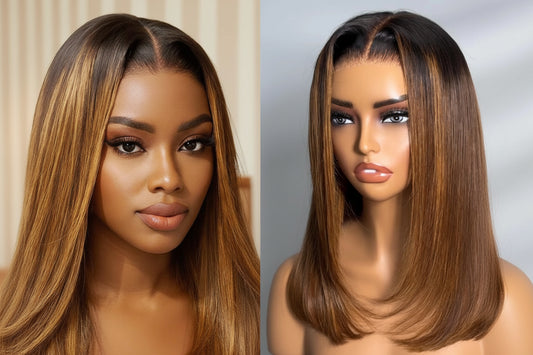 Brown With Blonde Piano Highlights Blunt Bob Wig With Dark Roots | No-Slip 7x5 Pre-Cut Glueless Human Hair