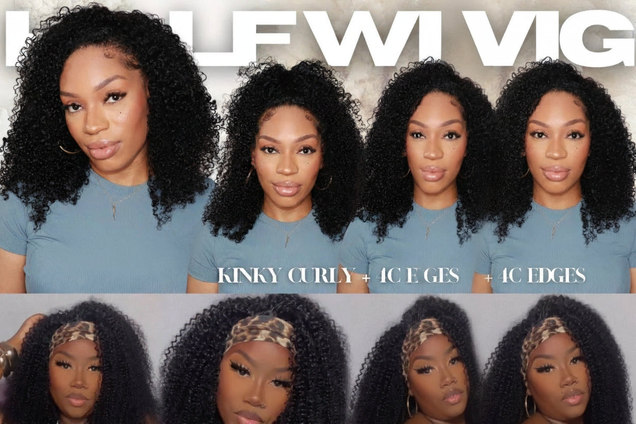 Drawstring Kinky Curly Half Wig With 4C Edges Hairline Seamless Flip Over Human Hair Wig Beginner Friendly