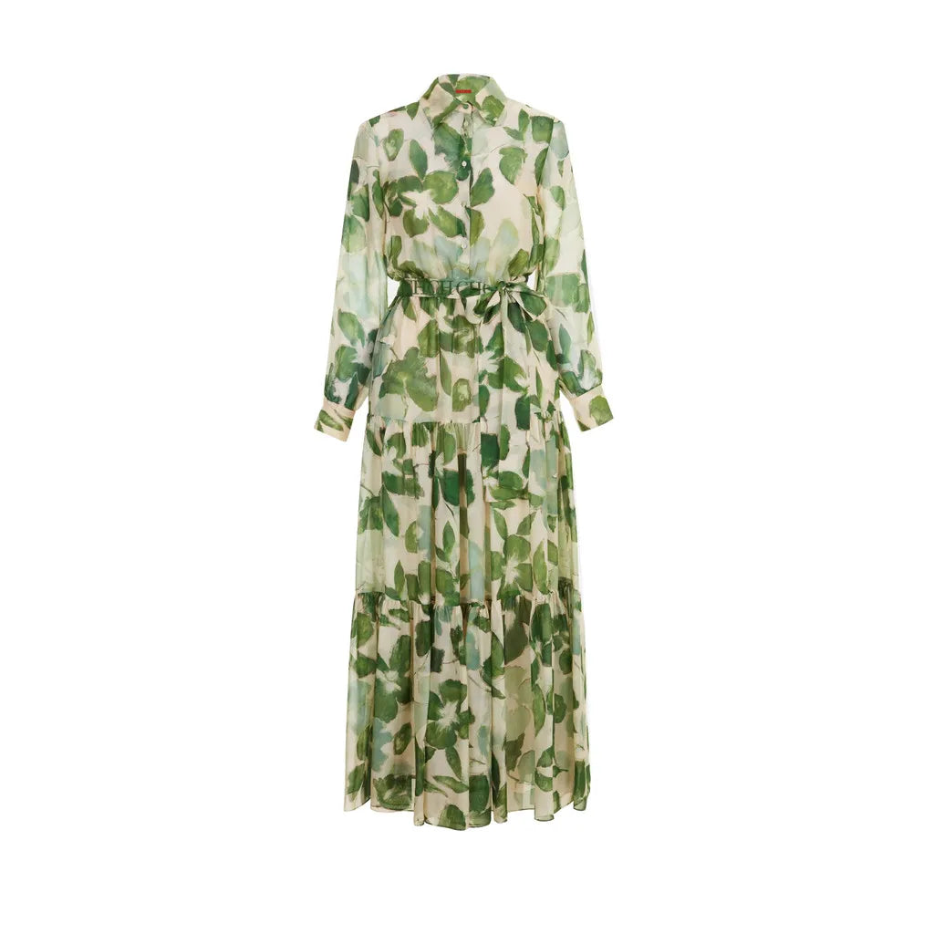 CHCH Women's Dress 2025 Spring New Long Sleeve Collar Green Flower Vacation