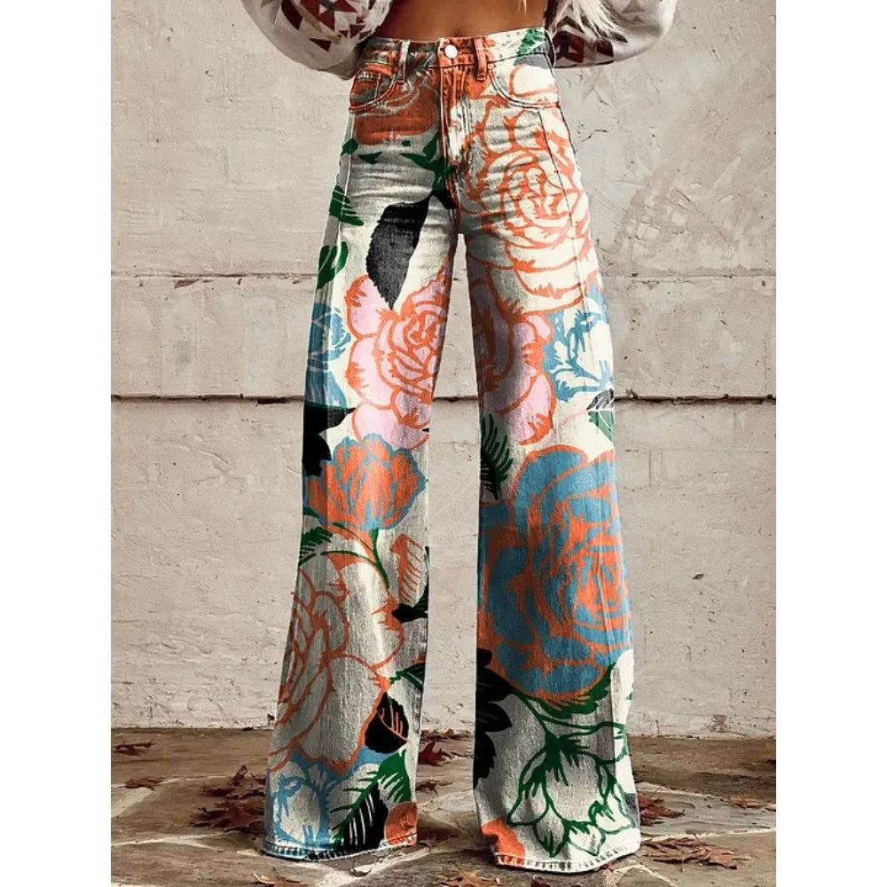 Women's Boho Floral High Waist Wide Leg Pants — Vintage Y2K Loose Trousers