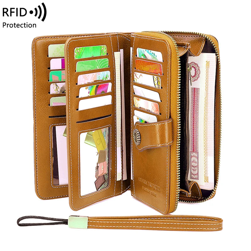 RFID anti-theft brush Retro large capacity long wallet Multi-card women's wallet Multi-function zipper wallet with wrist strap
