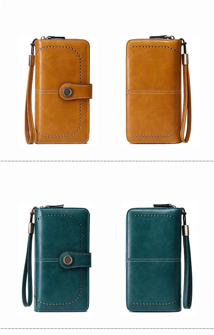 RFID anti-theft brush Retro large capacity long wallet Multi-card women's wallet Multi-function zipper wallet with wrist strap