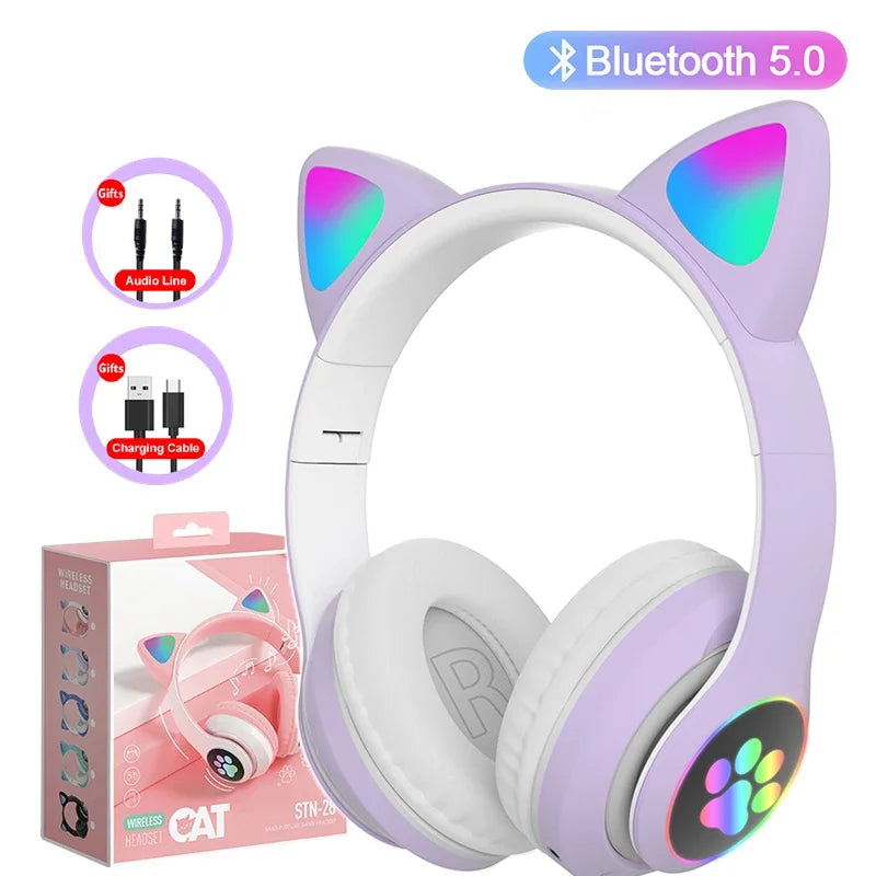 Cat Ears Bluetooth Headphones for Kids – Wireless LED Flash, Mic & TF Card Support