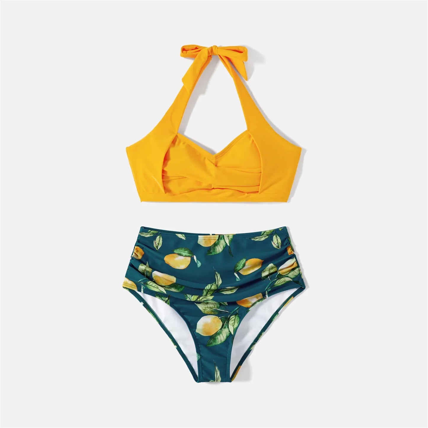 Family Matching Lemon Print Halter Swimsuit Set — Two-Piece & Swim Trunks