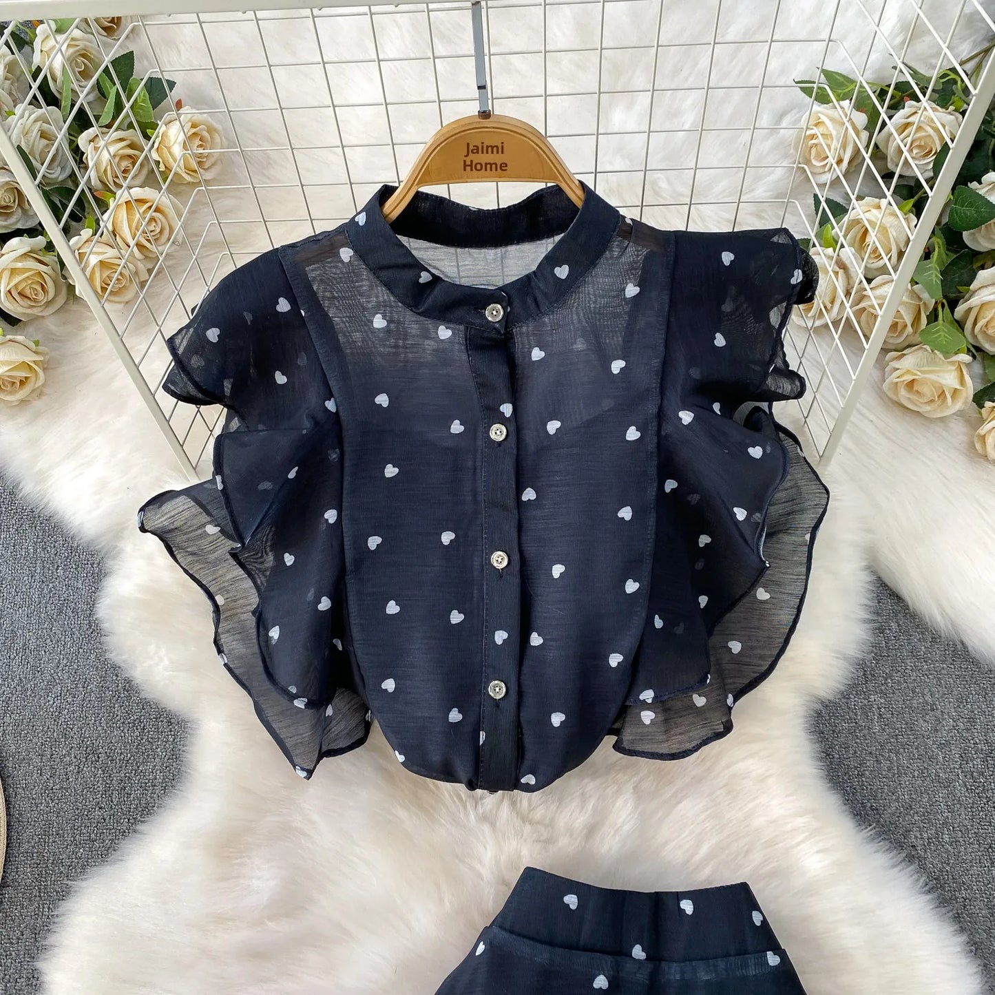 Women's French Style Sweet Chiffon Two-Piece Set — Heart Print Shirt & Flared Skirt