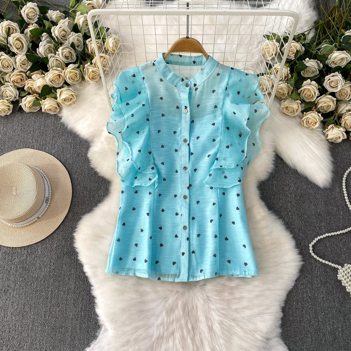 Women's French Style Sweet Chiffon Two-Piece Set — Heart Print Shirt & Flared Skirt