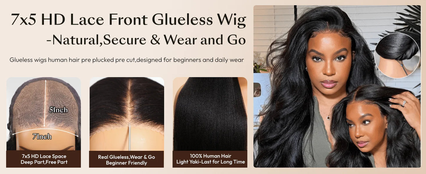 No-Slip 7x5 Lace Yaki Straight Wig With Drawstring 100% Human Hair Glueless Wigs Pre Cut Pre Bleached Wig for Beginners