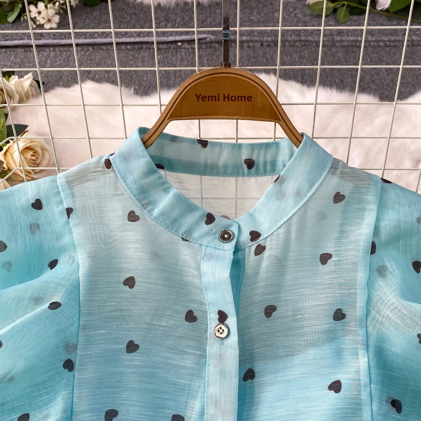 Women's French Style Sweet Chiffon Two-Piece Set — Heart Print Shirt & Flared Skirt