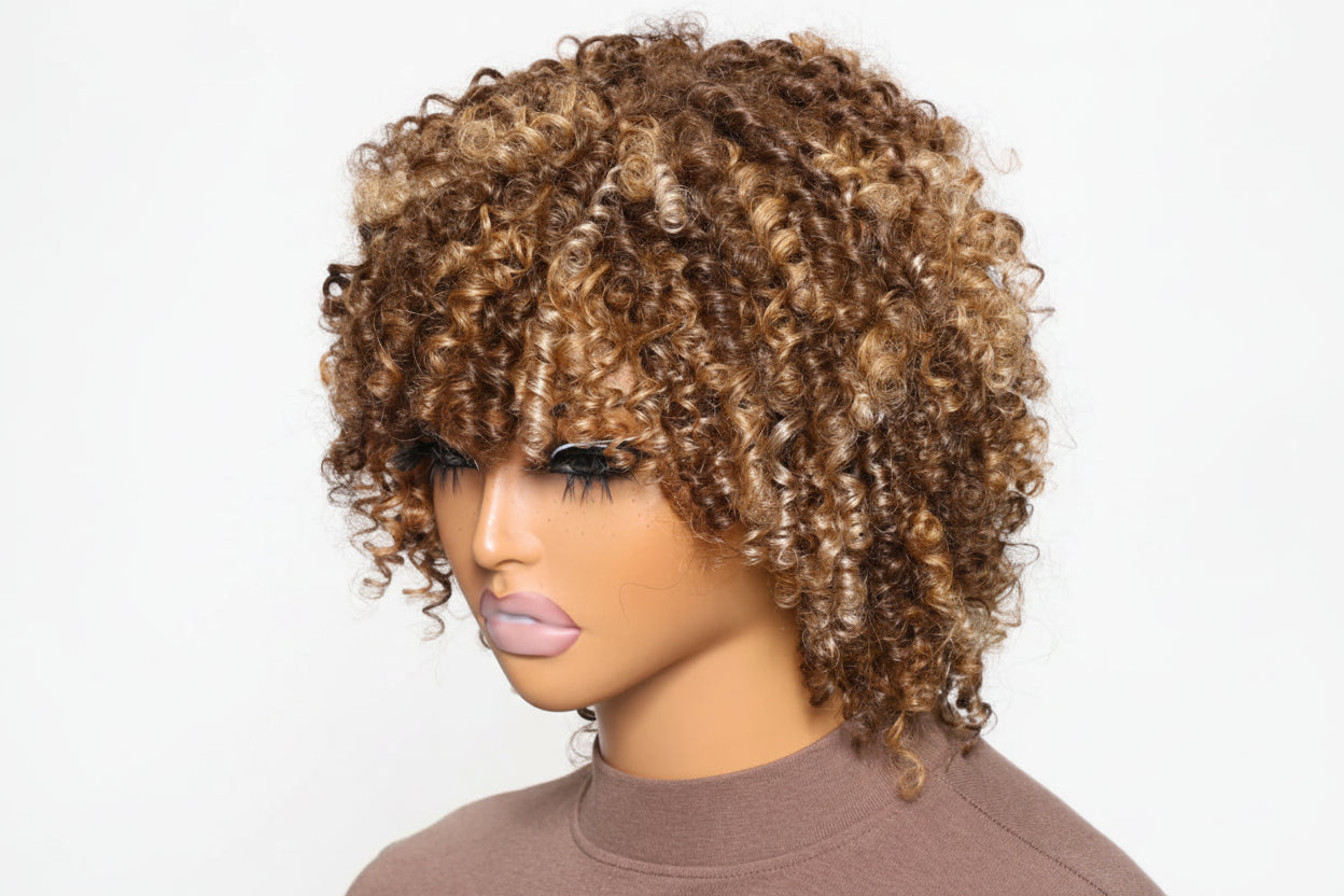 Blonde Highlight Afro Kinky Curly Wig With Bangs 100% Human Hair Bouncy Curls Short Human Hair Wigs Full Machine Made Wig